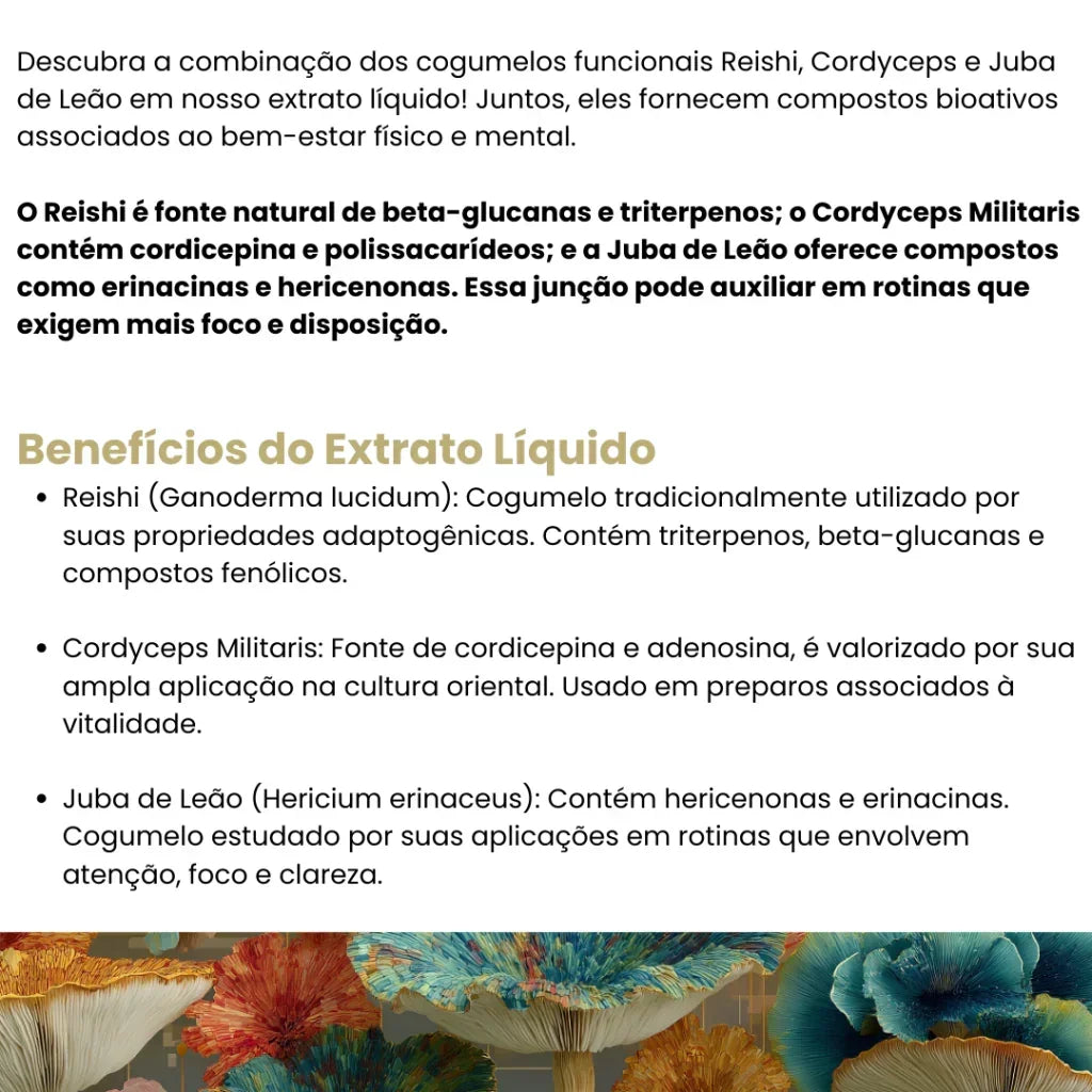 TRANQUILIDADE | ENERGIA NATURAL | FOCO - Reishi, Cordyceps e Juba de Leão - 30ml