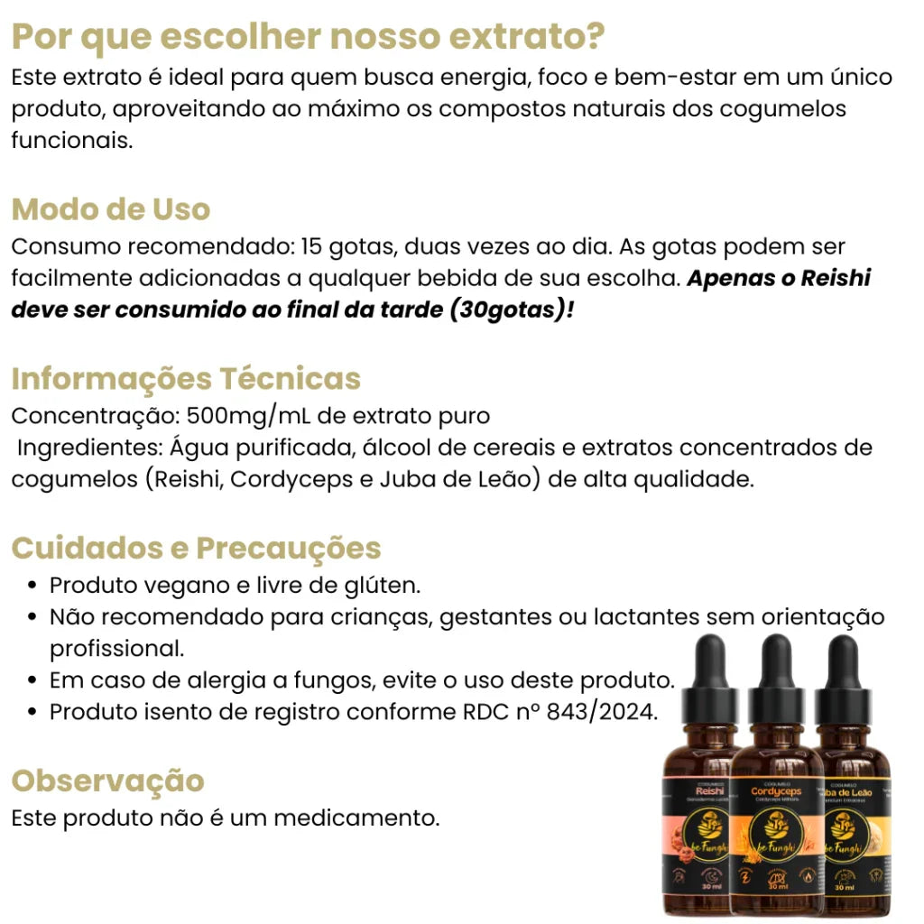 TRANQUILIDADE | ENERGIA NATURAL | FOCO - Reishi, Cordyceps e Juba de Leão - 30ml