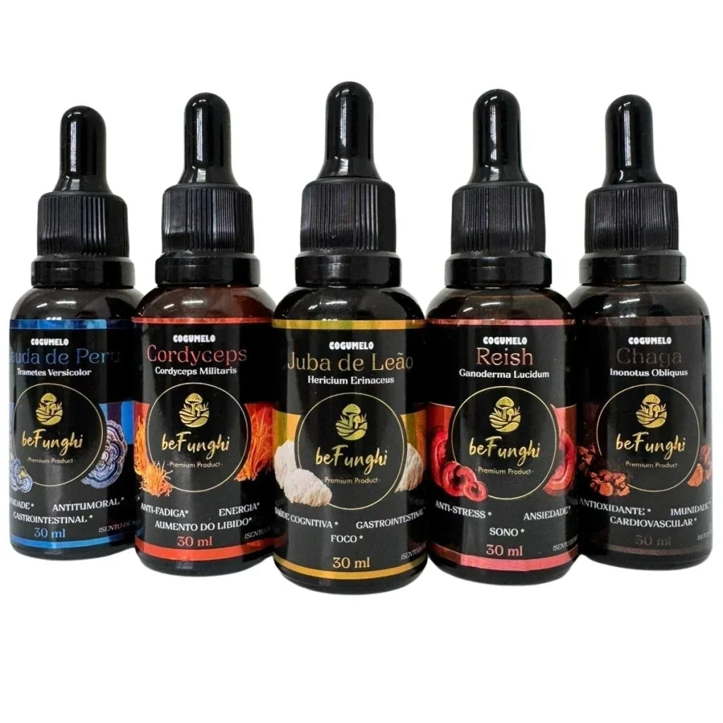 Kit 5 Extratos – Juba de Leão + Reishi + Cordyceps + Cauda de Peru + Chaga | Rotina Completa e Avançada