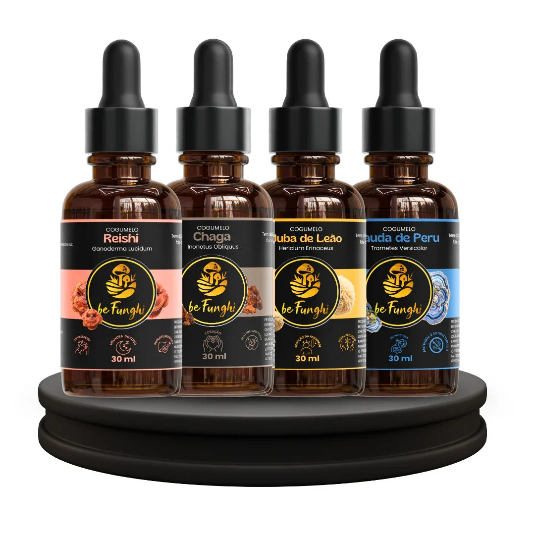 Kit 4 Extratos – Juba de Leão + Reishi + Cauda de Peru + Chaga | Rotina Completa de Bem-Estar