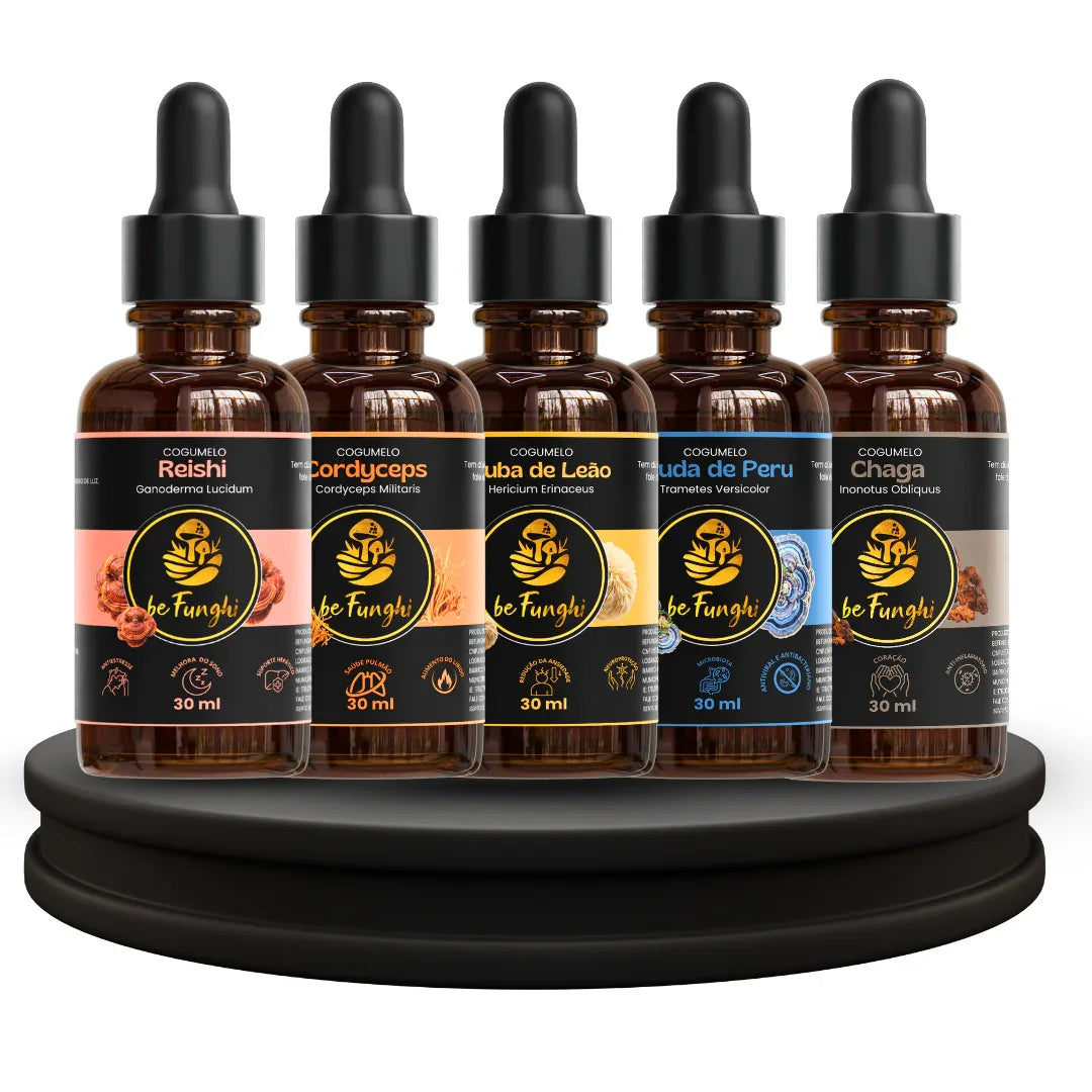 Kit 5 Extratos – Juba de Leão + Reishi + Cordyceps + Cauda de Peru + Chaga | Rotina Completa e Avançada