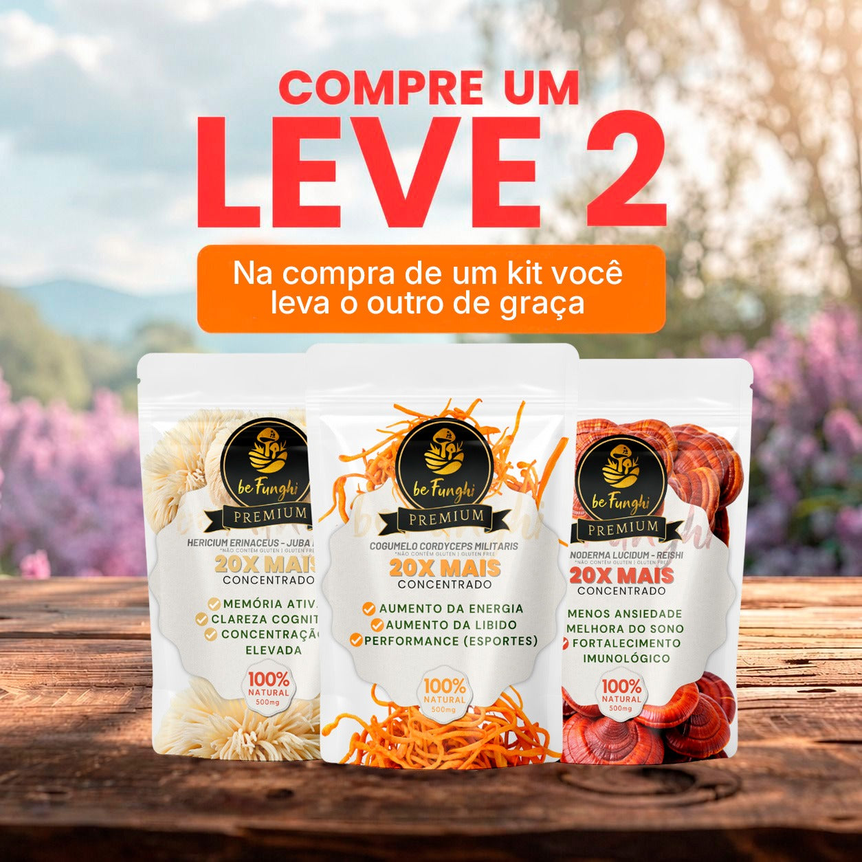 COMPRE 1 LEVE 2: Kit 20x mais Concentrado: Juba de Leão, Cordyceps e Reishi