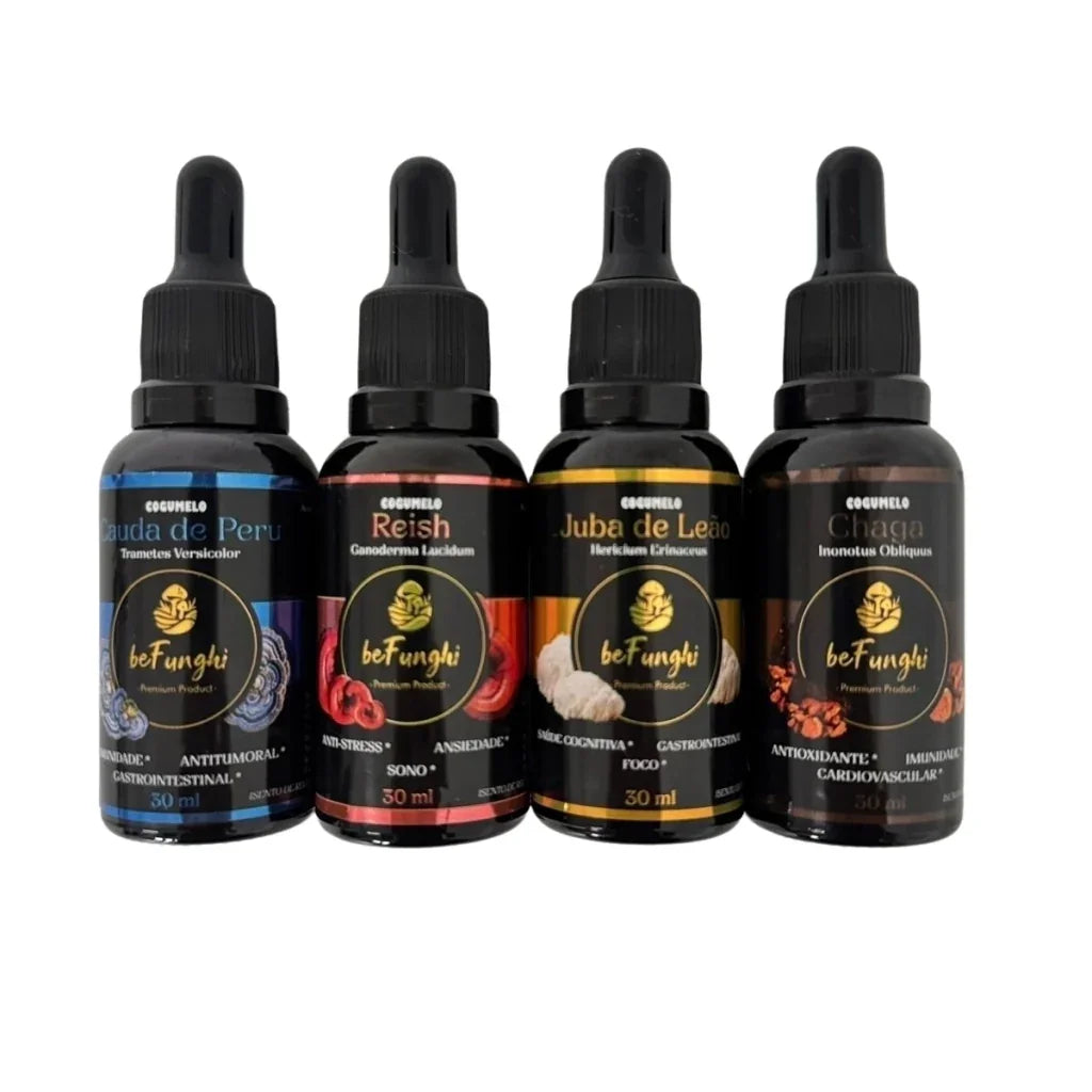 Kit 4 Extratos – Juba de Leão + Reishi + Cauda de Peru + Chaga | Rotina Completa de Bem-Estar