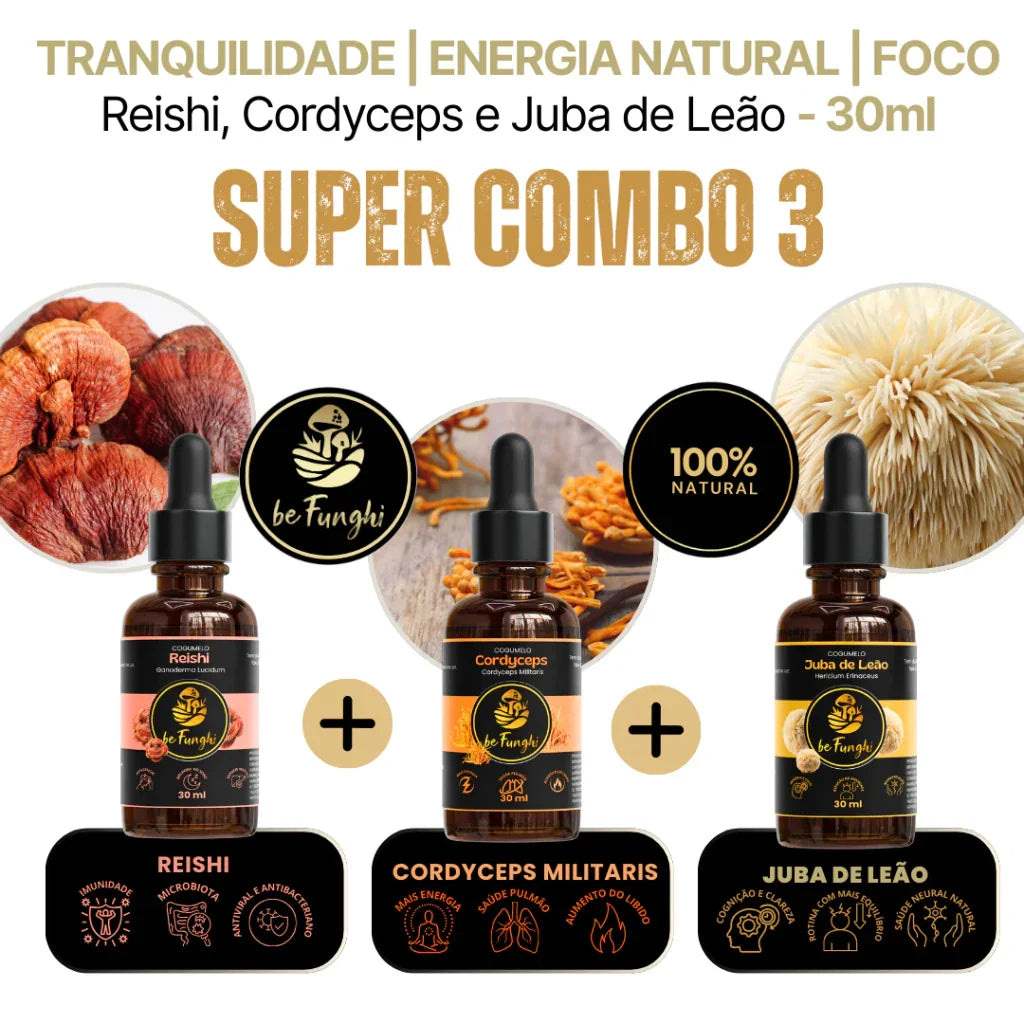 TRANQUILIDADE | ENERGIA NATURAL | FOCO - Reishi, Cordyceps e Juba de Leão - 30ml